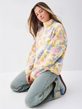 TWIK - Pastel Floral Sherpa Pullover Jacket - Pink Blue Yellow